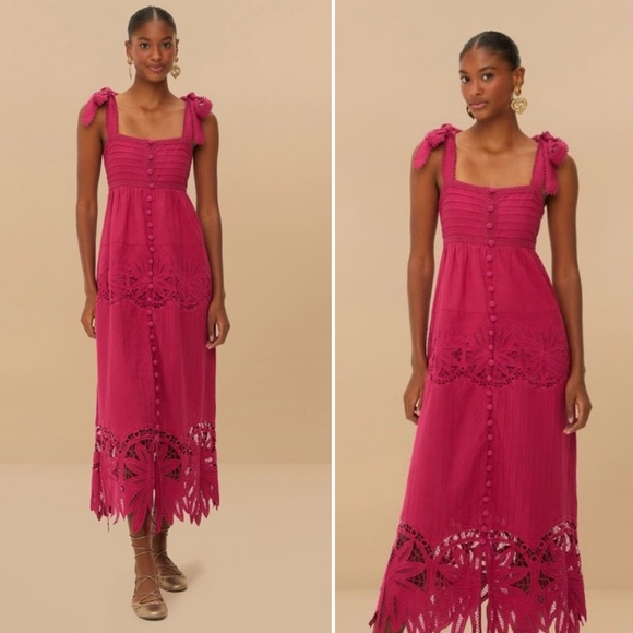 Farm Rio Daisy Cutwork Embroidered Sleeveless Tie Strap Pink Midi Dress size XS - Picture 6 of 13